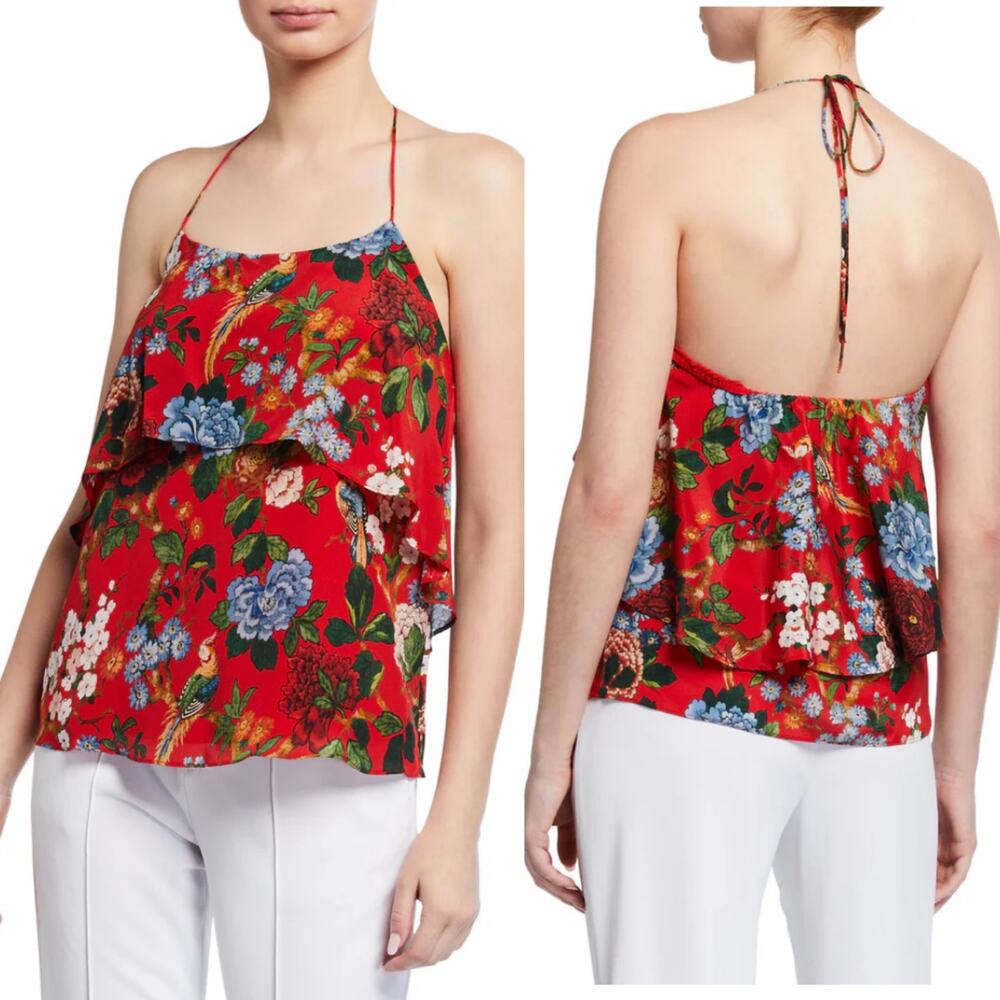 Alice + Olivia Marybeth Chinoiserie Garden & Ruby Print Silk Halter Top